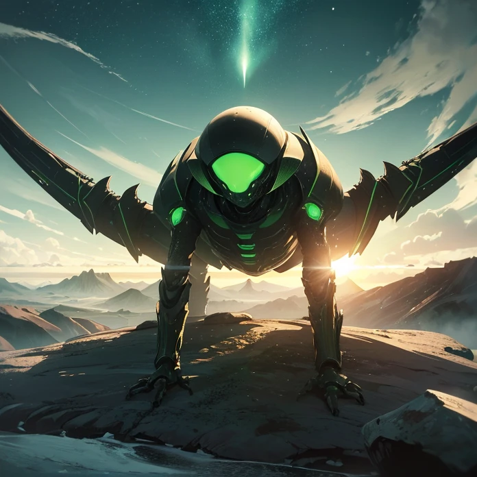 Absurdres, best high quality, high resolution, masterpiece, best quality, HD, solo character, simple background, science fiction, alien being, solo, full design, front view, arachnid creature, non humanoid features, no human caracteristics, “frank herbert’s dune aesthetic”
{{giant biomechanical spider alien creature: (green sky, black stars on the sky, white stars on the sky, dark green clouds, yellow planet atmosphere, giant rounded mountains at the far side)}}