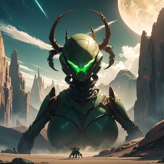 Absurdres, best high quality, high resolution, masterpiece, best quality, HD, solo character, simple background, science fiction, alien being, solo, full design, front view, arachnid creature, non humanoid features, no human caracteristics, “frank herbert’s dune aesthetic”
{{giant biomechanical spider alien creature: (green sky, black stars on the sky, white stars on the sky, dark green clouds, yellow planet atmosphere, giant rounded mountains at the far side)}}