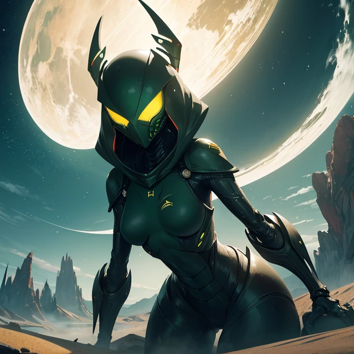 Absurdres, best high quality, high resolution, masterpiece, best quality, HD, solo character, simple background, science fiction, alien being, solo, full design, front view, arachnid creature, non humanoid features, no human caracteristics, “frank herbert’s dune aesthetic”
{{giant biomechanical spider alien creature: (green sky, black stars on the sky, white stars on the sky, dark green clouds, yellow planet atmosphere, giant rounded mountains at the far side)}}