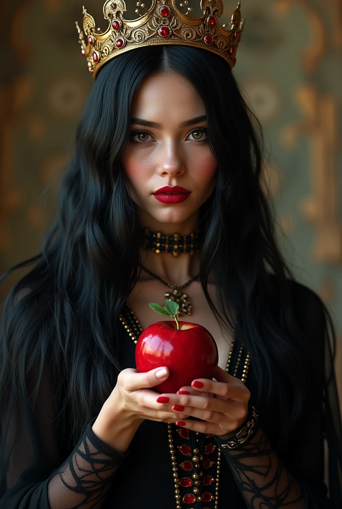 ((RAW Photo), absurd, (absurdresolution)), masterpiece, best quality, (Extremely detailed 8k unity CG wallpaper), (best illustration), (best shadow), Realistic lighting, beautiful detailed glow, ((21 years old)), girl, long black hair, black queen, accessories, apple in hand, poisoned apples, witch queen, red lipstick, (((Photographic Perspective of her)))