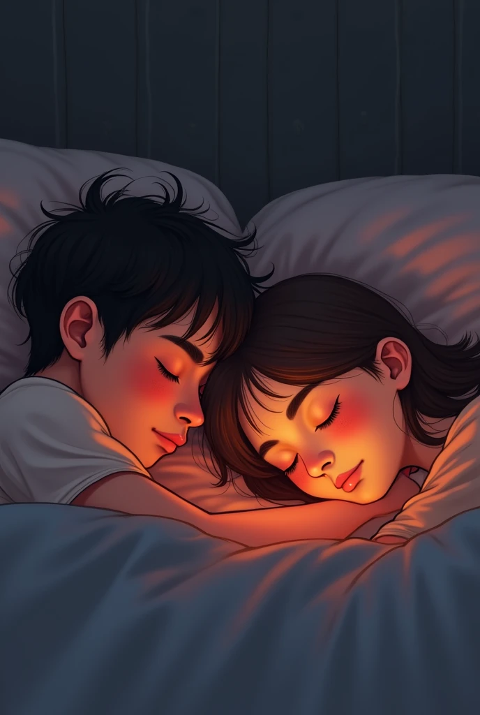 A boy and a girl who are in a long distance relationship sleep on a video call, In one frame the boy sleeping with messy hair with red backlight and in another frame the girl with brown hair with light yellow backlight sleeping