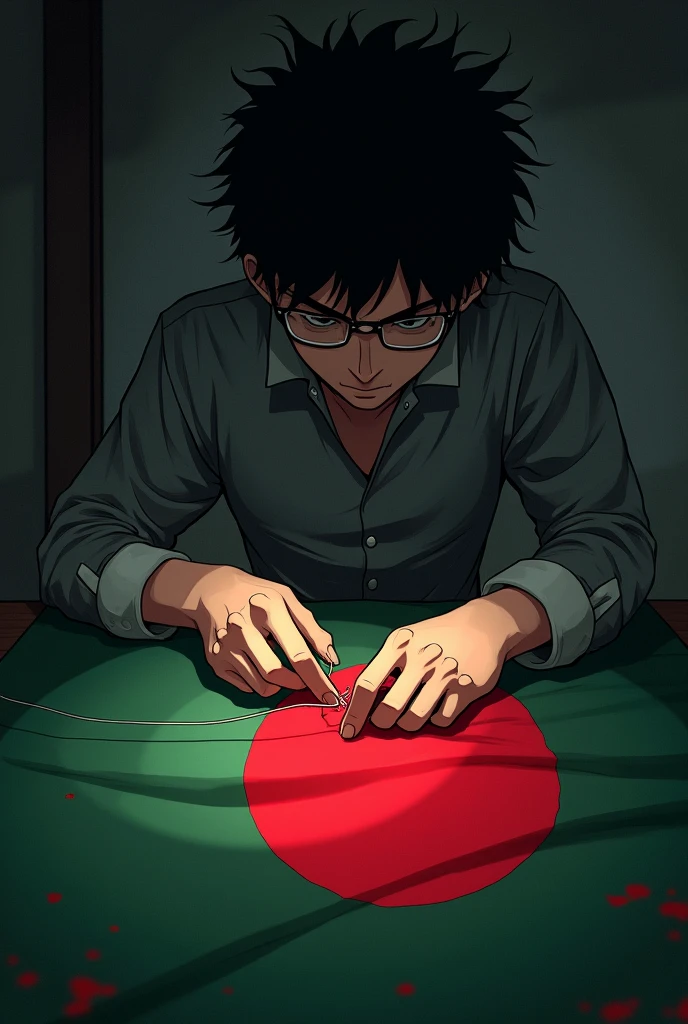 guy sewing a bloody Bangladeshi flag anime
