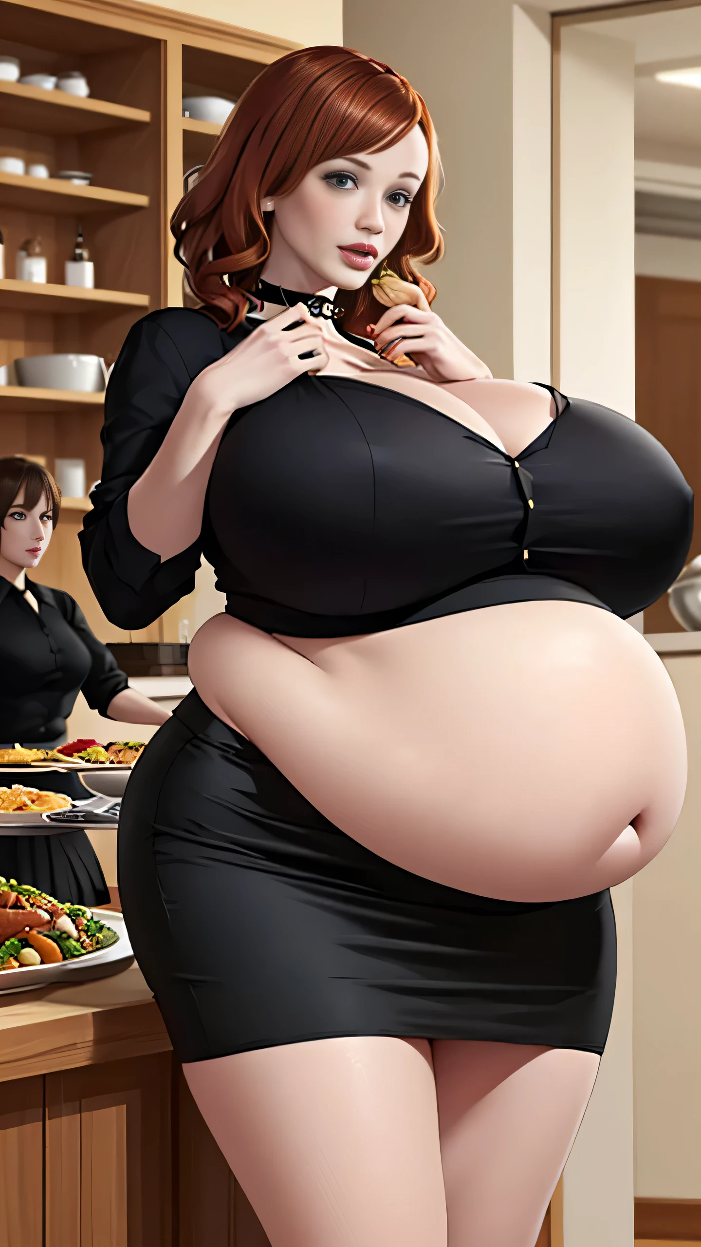 Christina Hendricks, (Christina Hendricks:1.5), masterpiece quality, (masterpiece quality:1.3), detailed, realistic, (realistic:1.3), 1girl, solo, (solo:1.9), alone, at a buffet restaurant, food in background, Thanksgiving day feast, food on shelves in background, food on table in background, wearing choker collar, wearing black blouse, (black blouse:1.5), wearing black dress, (black dress:1.5), long skirt, (long skirt:1.5), big breasts, (huge breasts:1.5), fat body, fat belly, (fat belly:1.5),