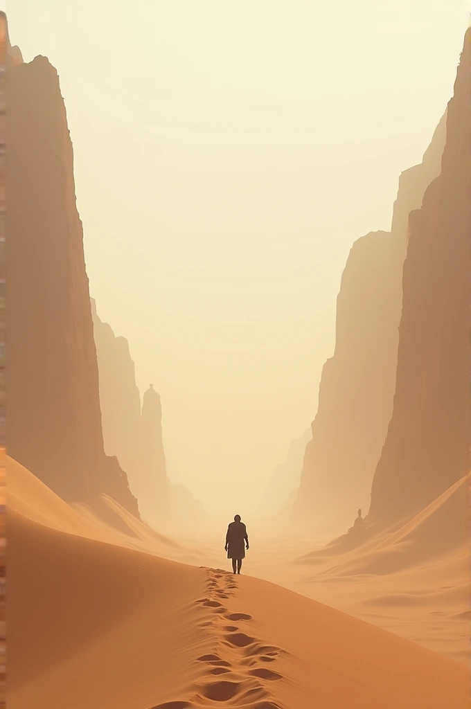 Create an image of a man who, from the distance we observe the image, is small in a desert with dunes and he is centered in the image and very far away.