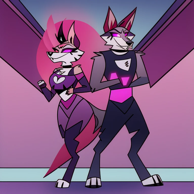 (masterpiece, best quality:1.2), Vortex two hellhounds, male and female, wolves, furry, helluva boss, hypnotized with glowing purple eyes, tongue out, wearing futuristic armor, using a Pulse Rifle, Energy Rifle, Futuristic assault rifle, chasing in a hallway background, full body image,