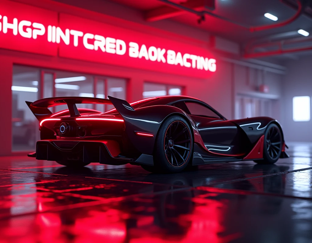 Neon sign with a neon red border text red neon above the car that say "Infinity Speed" with a modern sports car with a neon red and black color scheme, suggesting a futuristic or high-tech theme, Side view, The vehicle is designed with aerodynamic features, such as a large rear wing and air intakes on the side, indicating its performance-oriented nature. The car's sleek bodywork and low-profile tires contribute to its sporty aesthetic. The background has a digital, neon-lit effect, which complements the car's stylized appearance and reinforces the futuristic theme of the image. There are no people or indications of specific locations that would require the identification of traits such as gender or race., retina, accurate, masterpiece, super detail, best quality, award winning, highres, HD, 4K, 8k, 16k