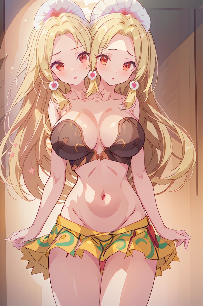 (masterpiece, best quality),best quality, best resolution, (ultra-detailed), (3heads:1.5), 1girl, (misumaru tamatsukuri:1.3), masterpiece, best quality, ultra quality, ultra resolution, red top, crop top, ((stomach)), midriff, ((groin)), yellow skirt, magatama-shaped green pattern on the skirt, normal ears, shackles, dark blonde, roughly shoulder-length hair, very long hair, wavy hair, sidelocks, red eyes, detailed eyes, parted lips, open belly, sweat, cute, toned belly, hand on own chest, eyelashes, (25 year old woman:1.3), (masterpiece:1.5), (best quality:1.5), (beautiful detailed), extremely detailed CG, extremely delicate and beautiful, depth of field, (finely detailed face), (perfect details:1.2), (mature female:1.3), wide pelvis, slender, large veiny breast, 16k resolution, highres, high quality, high definition, extremely detailed, masterpiece, best quality, dark blonde, roughly shoulder-length hair, long hair, alluring presence, braid, short skirt, close up, very big tits, huge tits, young, midriff, open belly, nsfw, girl with three heads, three headed girl, ((blonde)),