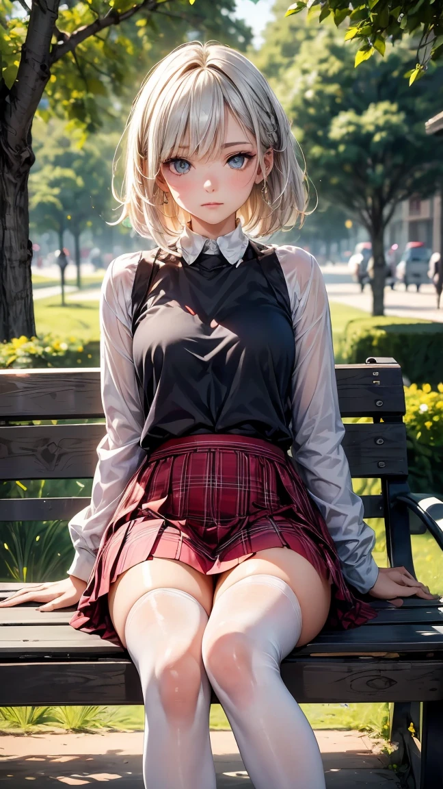 

"A realistic image of a young woman, around 20 years old, sitting on a park bench. She has short, silver-white hair with a delicate flower tucked in, and her eyes are a striking yellow. She has a serious expression. The woman is wearing a white top and a red plaid skirt, paired with black thigh-high stockings. The background features a vibrant and lively park, filled with blooming flowers and people moving in the distance, under the warm golden light of the setting sun. The overall atmosphere is serene yet bustling."