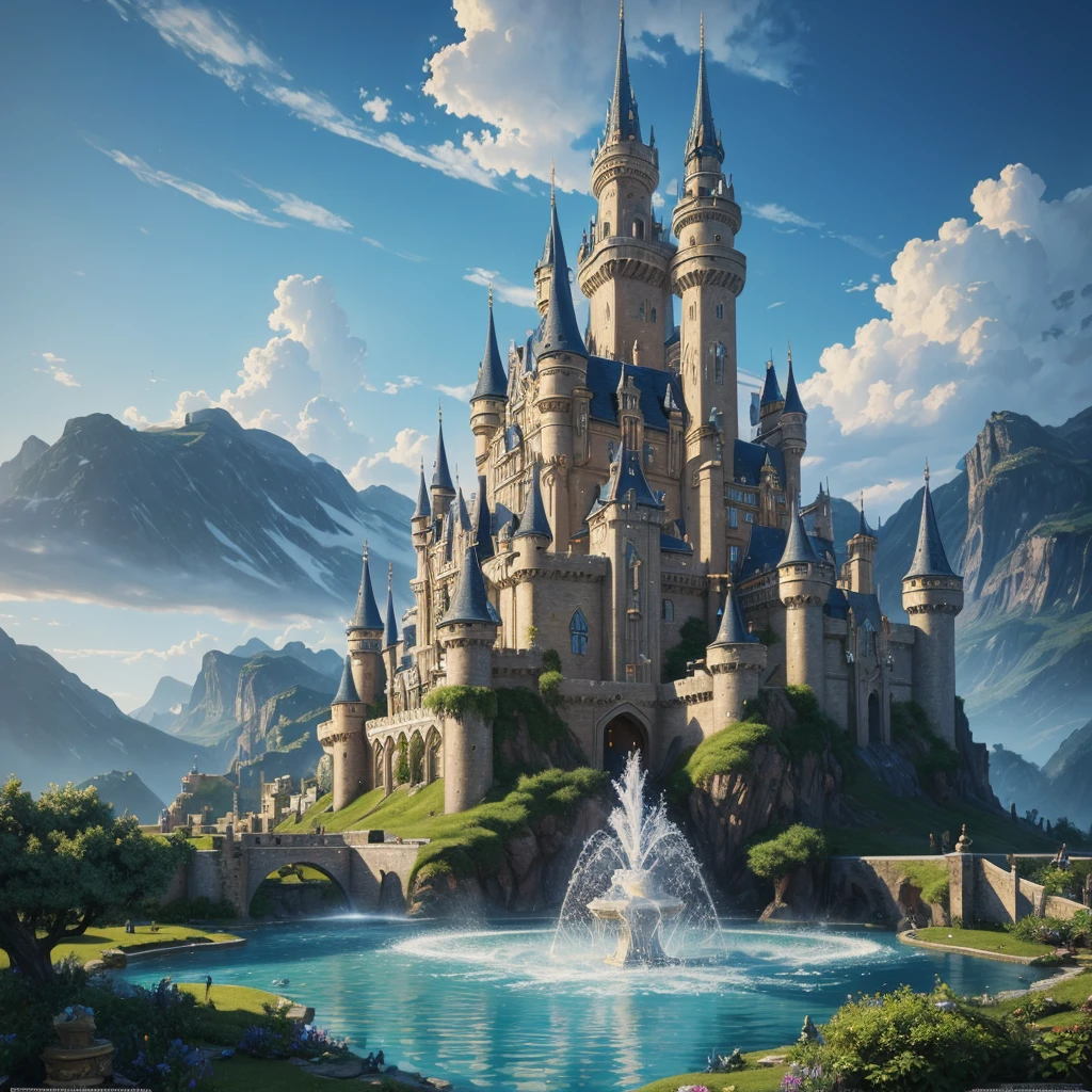 a painting of a castle with a fountain in the middle of it, beautiful art uhd 4 k, detailed fantasy art, detailed fantasy digital art, fantasy architecture, 4k fantasy art, beautiful detailed fantasy, 4k highly detailed digital art, highly detailed fantasy art, 8k high quality detailed art, symmetrical epic fantasy art, beautiful painting of a tall