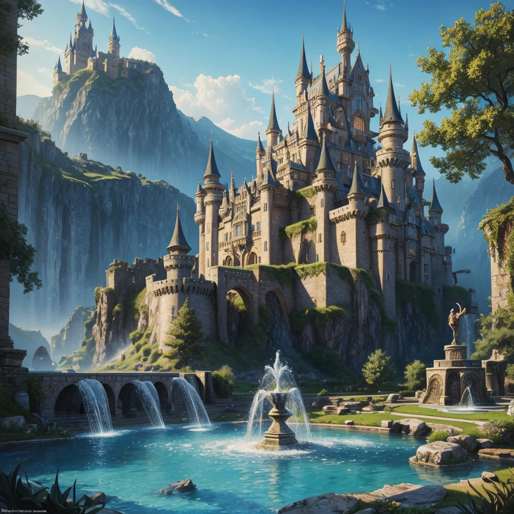 a painting of a castle with a fountain in the middle of it, beautiful art uhd 4 k, detailed fantasy art, detailed fantasy digital art, fantasy architecture, 4k fantasy art, beautiful detailed fantasy, 4k highly detailed digital art, highly detailed fantasy art, 8k high quality detailed art, symmetrical epic fantasy art, beautiful painting of a tall