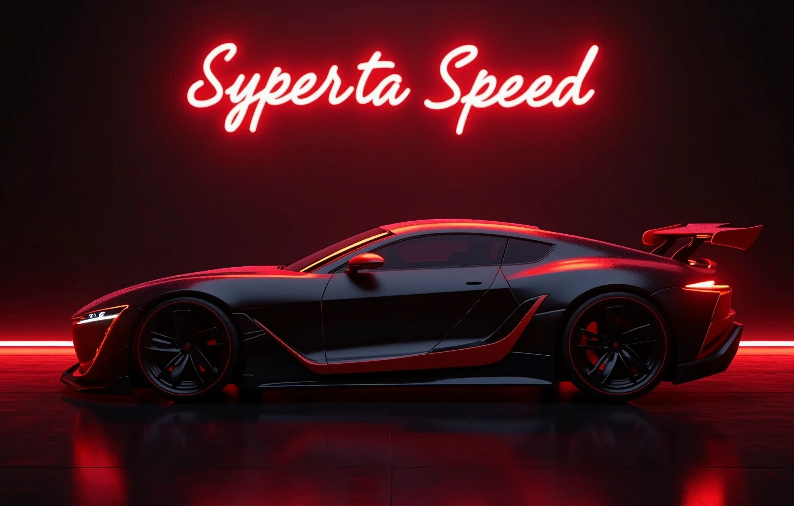 Neon sign with a neon red border text red neon above the car that say "Infinity Speed" with a modern sports car with a neon red and black color scheme, suggesting a futuristic or high-tech theme, Side view, The vehicle is designed with aerodynamic features, such as a large rear wing and air intakes on the side, indicating its performance-oriented nature. The car's sleek bodywork and low-profile tires contribute to its sporty aesthetic. The background has a digital, neon-lit effect, which complements the car's stylized appearance and reinforces the futuristic theme of the image. There are no people or indications of specific locations that would require the identification of traits such as gender or race., retina, accurate, masterpiece, super detail, best quality, award winning, highres, HD, 4K, 8k, 16k