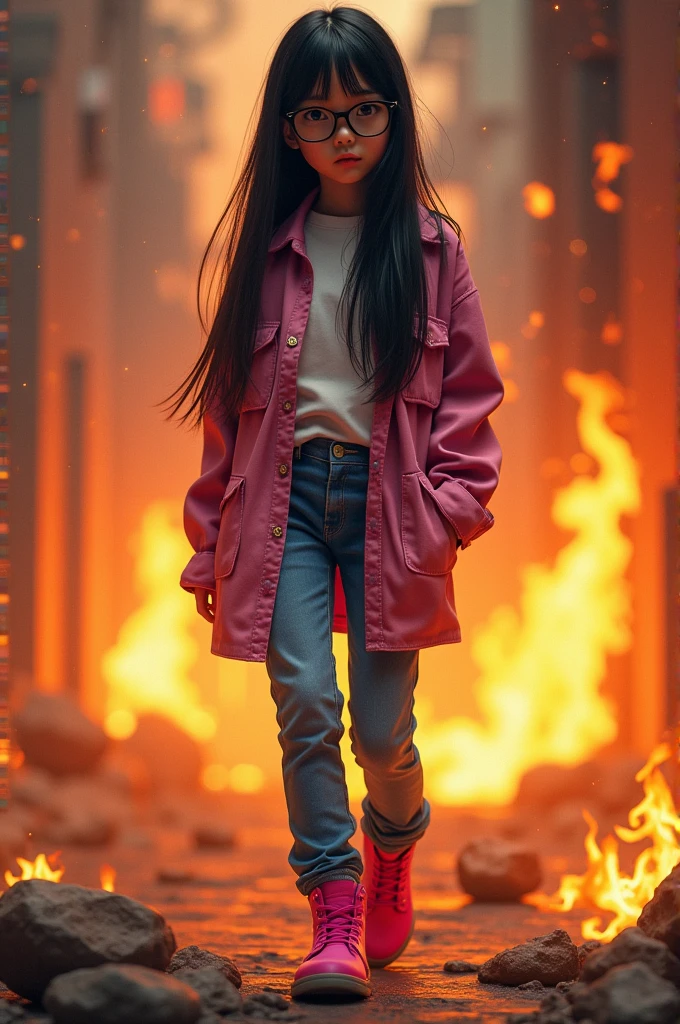 brunette girl, long straight black hair, fire, with glasses, with blue jeans and pink flannel, pink shoes