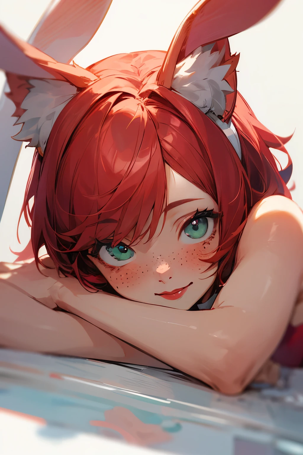 (masterpiece), transparent background, best quality, expressive eyes, perfect face, cute, 1girl, green eyes, red lipstick, red hair, short hair, freckles, blush, smiling, animal ear fluff, rabbit ears, rabbit hole, miku