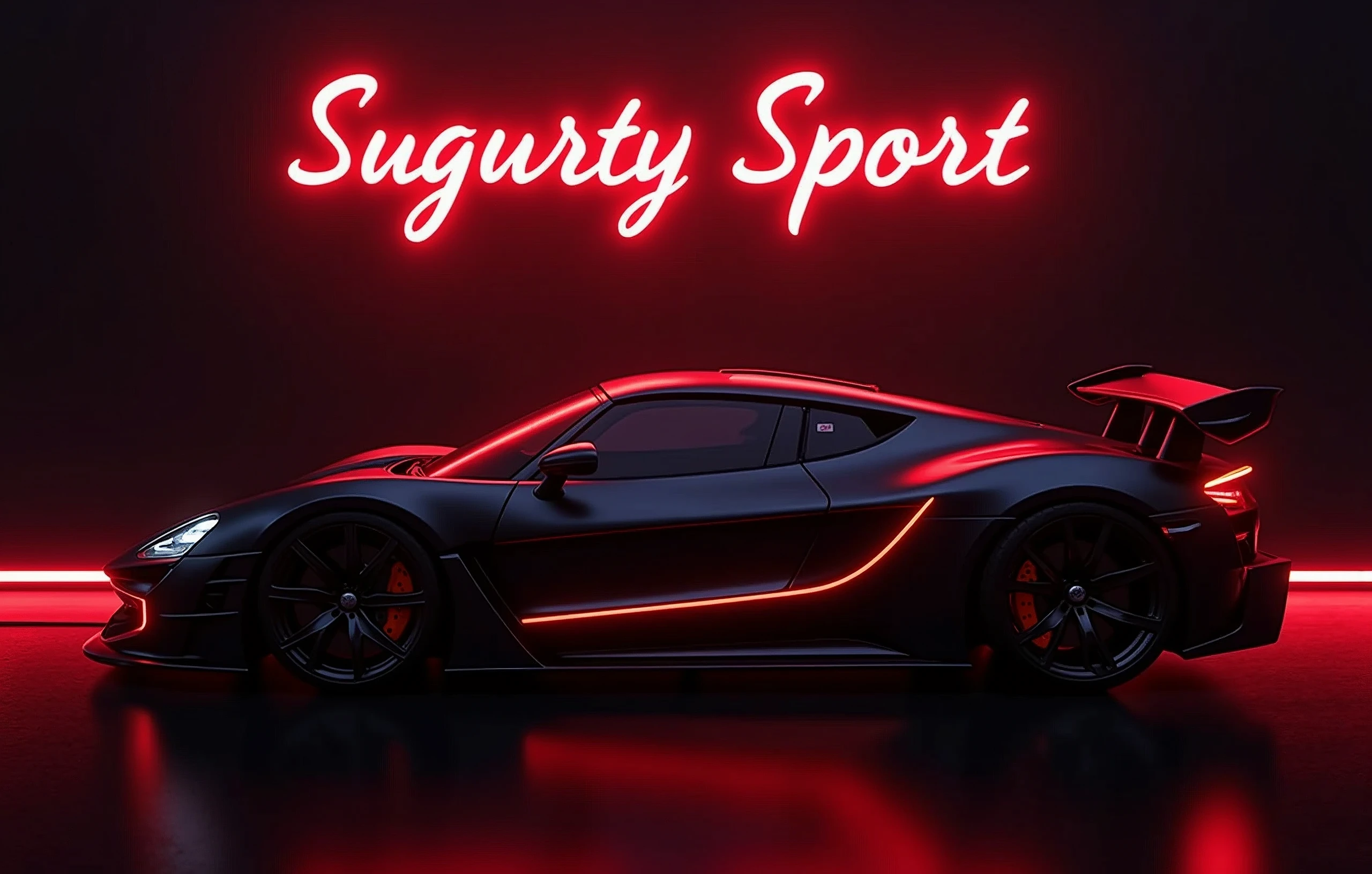 Neon sign with a neon red border text red neon above the car that say "Infinity Speed" with a modern sports car with a neon red and black color scheme, suggesting a futuristic or high-tech theme, Side view, The vehicle is designed with aerodynamic features, such as a large rear wing and air intakes on the side, indicating its performance-oriented nature. The car's sleek bodywork and low-profile tires contribute to its sporty aesthetic. The background has a digital, neon-lit effect, which complements the car's stylized appearance and reinforces the futuristic theme of the image. There are no people or indications of specific locations that would require the identification of traits such as gender or race., retina, accurate, masterpiece, super detail, best quality, award winning, highres, HD, 4K, 8k, 16k