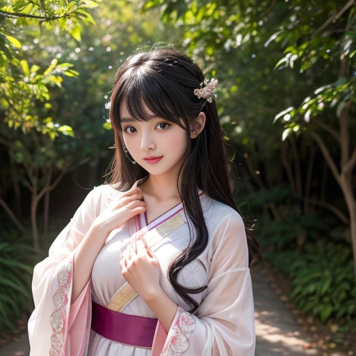 best quality, Delicate face,beautiful visual work, lifelike, eternity, black hair, Long curly hair, blunt bangs, Smile, Detailed Background, Delicate face,blush,cold,((masterpiece))、(top quality)、8k、high detail、Super detailed,41-year-old female,身穿唐制Hanfu、waist skirt, Clothes are light and fluffy,Hanfu, wide sleeves, Transparent sleeves, Tunic, Clothes made of chiffon, masterpiece、born、Scenes resembling fairy tale illustrations、intricate details和複雜的設計、Beautifully、magic、capricious、 Beautifully、Dream aesthetics、「𝓡𝓸𝓶𝓪𝓷𝓽𝓲𝓬、ethereal、charming、fickle、magic」、realism、Visual effects、FXAA、SSAO、Shader、voiceless、ambient lighting、Tone mapping、High resolution、Ultra high quality、Million pixels、(8K resolution:1.10)、8k、8k以下、8K resolution、high detail、intricate details, (high quality:1.2、masterpiece:1.2、:1.21)、(41-year-old female:1.21)、(興奮地Smile)、(被dream般的氛圍所包圍、Model diagram,full-body shot,Normal 2 feet,Put your hands behind you,The protrusion of the breast is visible when wearing clothes, Large Breasts, H cup chest, antiquity, Xian Xia, gauze clothes, Soft and fluttering, Fairy, dream, fantasy, light, Elegant, nature, Immortal, romantic, classical, ribbon, pink clothes, in tall woods, In the woods like a martial arts drama, Don't show your fingers, full-body shot,floor length skirt, full-body shot,full-body shot,full-body shot,full-body shot,full-body shot,full-body shot,full-body shot,hands hidden in clothes, hands hidden in clothes,hands hidden in clothes,hands hidden in clothes,hands hidden in clothes,hands hidden in clothes,hands hidden in clothes,hands hidden in clothes,hands hidden in clothes, ,hands hidden in sleeves ,hands hidden in sleeves ,hands hidden in sleeves ,hands hidden in sleeves ,hands hidden in sleeves ,hands hidden in sleeves ,hands hidden in sleeves ,hands hidden in sleeves, arms behind back, arms behind back, Transparent sleeves, Transparent sleeves, Transparent sleeves, Transparent sleeves, Transparent sleeves