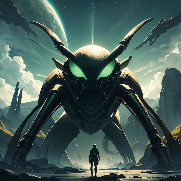 Absurdres, best high quality, high resolution, masterpiece, best quality, HD, solo character, simple background, science fiction, alien being, solo, full design, front view, arachnid creature, non humanoid features, no human caracteristics, “hr giger’s aesthetic”
{{giant biomechanical spider alien creature: (green sky, black stars on the sky, white stars on the sky, dark green clouds, yellow planet atmosphere, giant rounded mountains at the far side)}}
