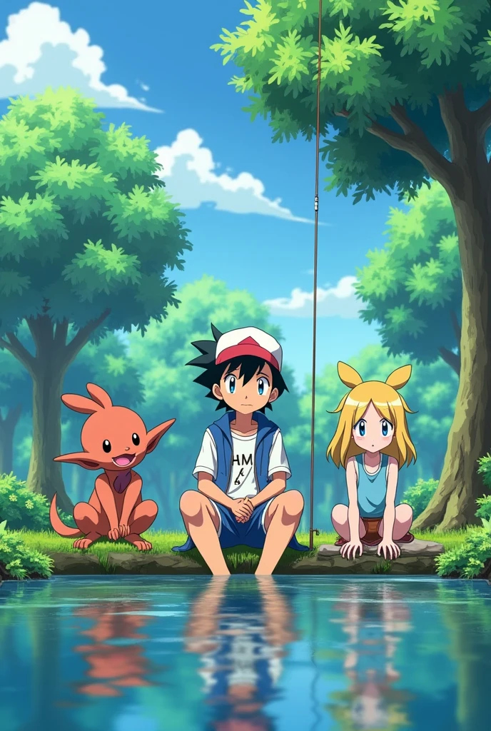 sh ketchum with his friends, Brock sitting on his left and Misty sitting on his right, The three of them are sitting by the lake, fishing for new pokemon, Pokémon anime episode screen cap