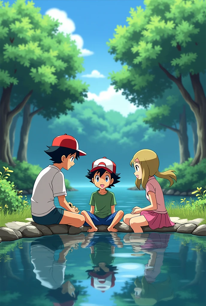 sh ketchum with his friends, Brock sitting on his left and Misty sitting on his right, The three of them are sitting by the lake, fishing for new pokemon, Pokémon anime episode screen cap