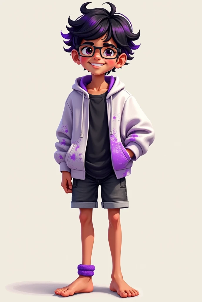 A thin teenage boy, happy, with glasses, black and purple curly hair, With black shirt, white sweatshirt with purple paint stains unbuttoned, light black shorts, with bare feet, A purple anklet on the left leg.