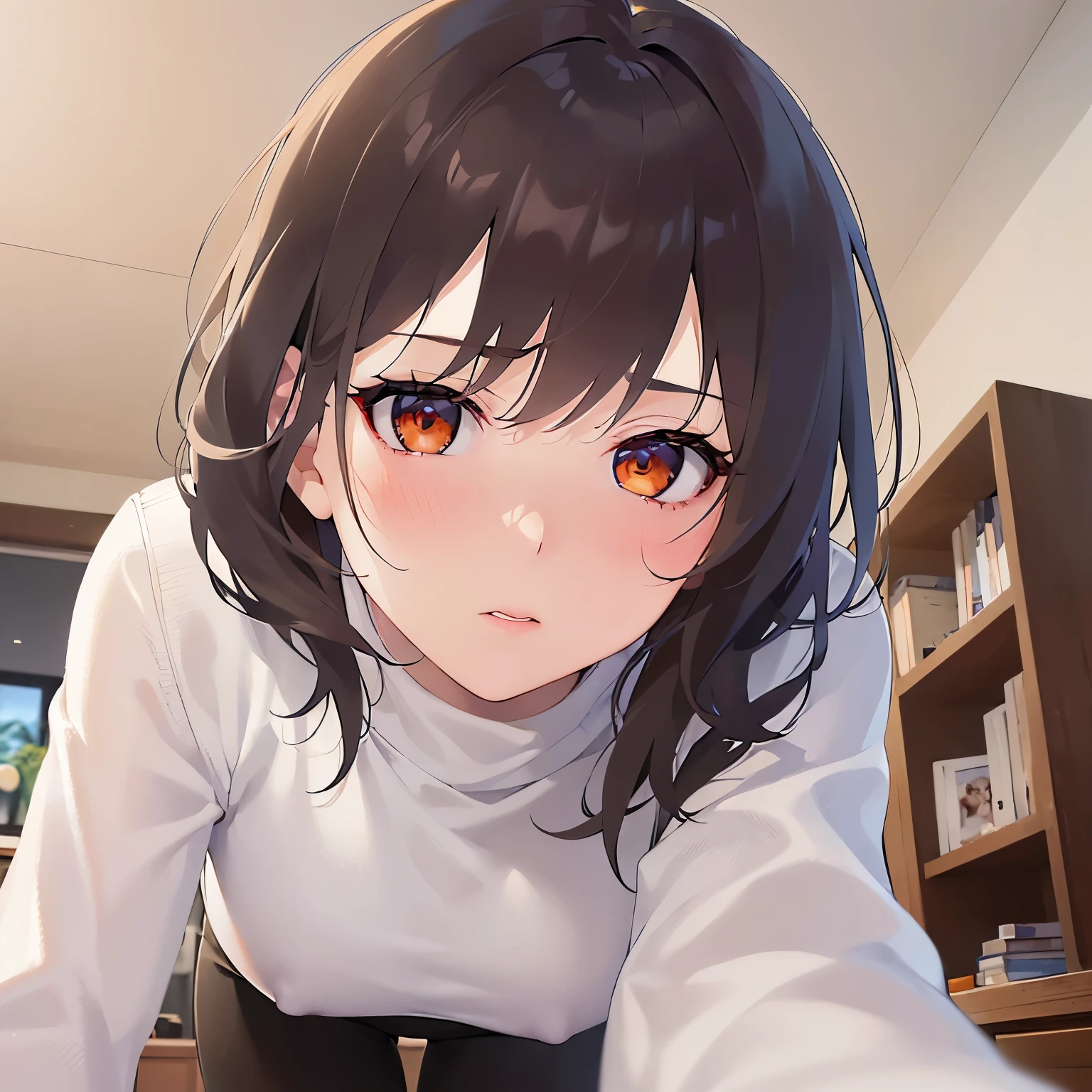 (looking at viewer:1.5)Upper Body, Shooting from below、all fours,
Realistic, real person, (pale skin: 1.2), RAW photo, photorealistic, shiny skin, shiny hair、
(A 25-year-old woman with medium-length hair and bangs) and (wavy hair) and (brown hair) and (orange eyes),
(White turtleneck long sleeve:1.5)
(blush:1.5),frown,The background is the living room at night