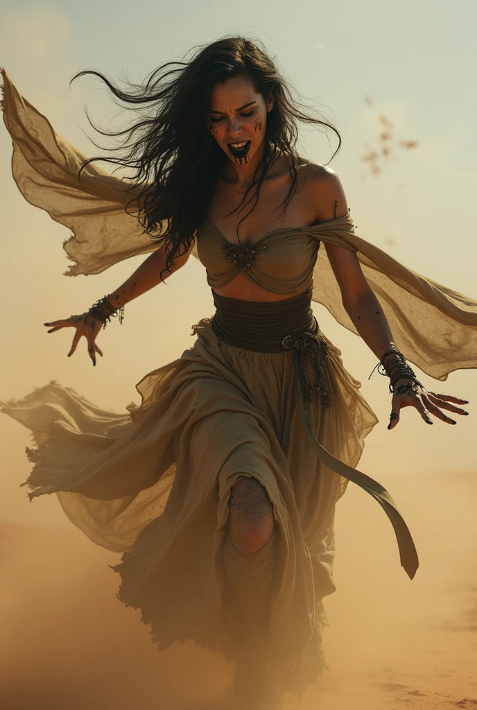 Horror dynamic movie scene, a flying creepy demon woman in withered torn strange costume, black liquids from eyes and mouth. background is in desert. fantasy art, fantasy character art, character portrait. dust swirling around. clothes and hairs blowing in the wind.