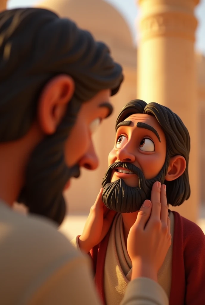 Create the following image: Create an image depicting Jesus Christ healing a blind man. The scene should show Jesus in a moment of concentration and serenity, with a gentle and miraculous expression, as he places his hands on the face of a blind man. The environment should be Jerusalem in the background. 3D pixar animation character, stylized character, animation style rendering, 3D stylized, Arnold Maya rendering, stylized 3D rendering, toon render screenshot, 3D character, 3D character, stylized 3D rendering, 3D character rendering, Cartoon character, close-up character, character pose, (Pixar style) (Master Part: 1.2) (Bokeh) (best quality) (detailed skin) (detailed texture) (8K) (clay) (cinematic lighting) (focus sharp)