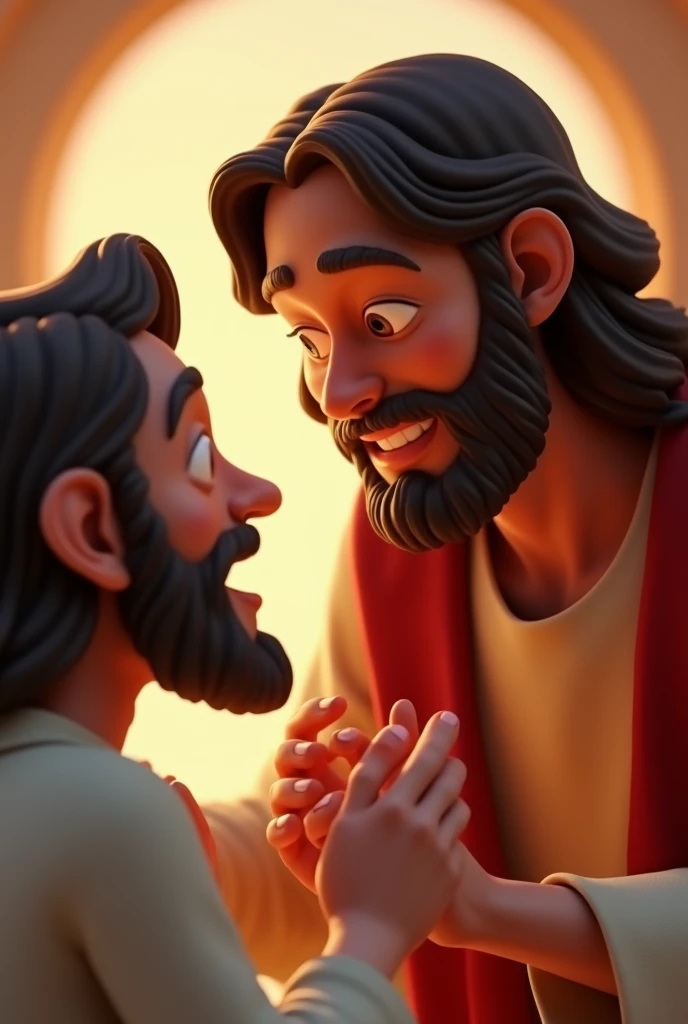 Create the following image: Create an image depicting Jesus Christ healing a blind man. The scene should show Jesus in a moment of concentration and serenity, with a gentle and miraculous expression, as he places his hands on the face of a blind man. The environment should be Jerusalem in the background. 3D pixar animation character, stylized character, animation style rendering, 3D stylized, Arnold Maya rendering, stylized 3D rendering, toon render screenshot, 3D character, 3D character, stylized 3D rendering, 3D character rendering, Cartoon character, close-up character, character pose, (Pixar style) (Master Part: 1.2) (Bokeh) (best quality) (detailed skin) (detailed texture) (8K) (clay) (cinematic lighting) (focus sharp)