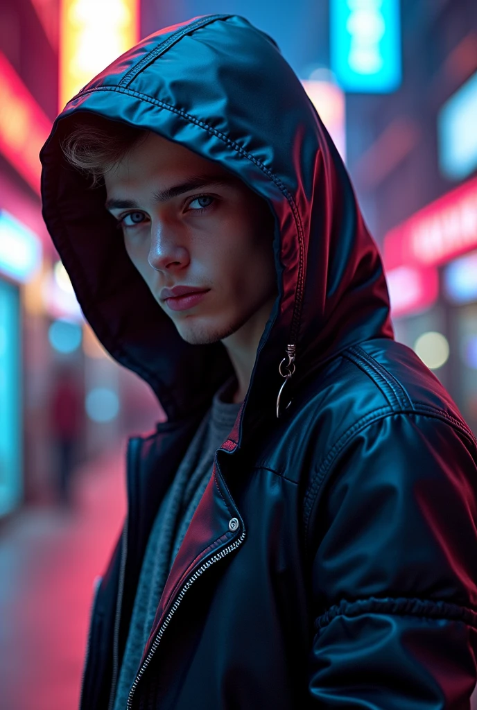 a handsome boy, cyberpunk style, hood, neon lights, high-tech clothing, 