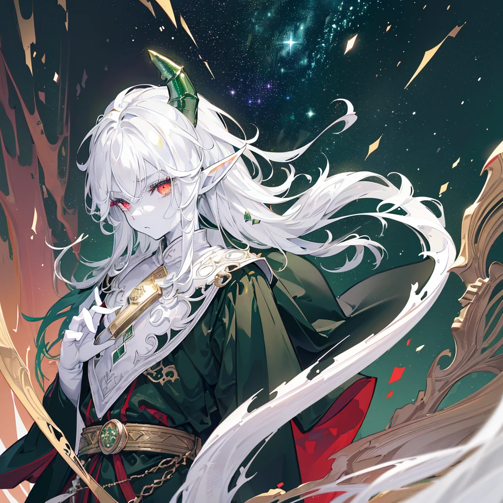 beautiful, (Best Illustration), 8K resolution, Intricate details, best quality, Practical, Extremely detailed, Optimal lighting, Best shadow, Ultra HD, ((((Handsome young man))), ((teenager :1.5)), (Glittering red eyes), (Glowing eyes), ((((Black long hair: 1.1))), ((Dark green clothes)), (prince (Indifferent expression), , (((Wearing a high-detail luxurious green robe))),, Starry night sky, Meteorite fall, Elf ears, ((White skin)), There is a dragon horn on the forehead, Surrounded by dragons