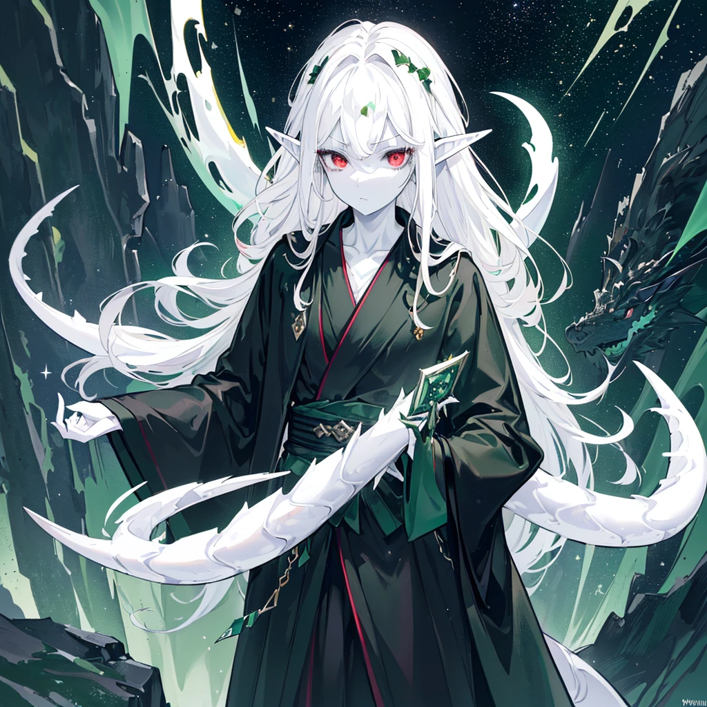beautiful, (Best Illustration), 8K resolution, Intricate details, best quality, Practical, Extremely detailed, Optimal lighting, Best shadow, Ultra HD, ((((Handsome young man))), ((teenager :1.5)), (Glittering red eyes), (Glowing eyes), ((((Black long hair: 1.1))), ((Dark green clothes)), (prince (Indifferent expression), , (((Wearing a high-detail luxurious green robe))),, Starry night sky, Meteorite fall, Elf ears, ((White skin)), There is a dragon horn on the forehead, Surrounded by dragons