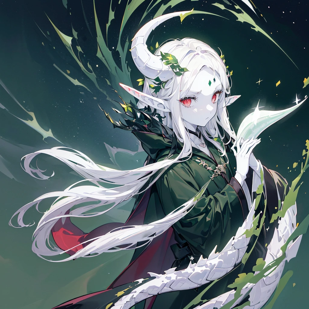 beautiful, (Best Illustration), 8K resolution, Intricate details, best quality, Practical, Extremely detailed, Optimal lighting, Best shadow, Ultra HD, ((((Handsome young man))), ((ager :1.5)), (Glittering red eyes), (Glowing eyes), ((((Black long hair: 1.1))), ((Dark green clothes)), (prince (Indifferent expression), , (((Wearing a high-detail luxurious green robe))),, Starry night sky, Meteorite fall, Elf ears, ((White skin)), There is a dragon horn on the forehead, Surrounded by dragons