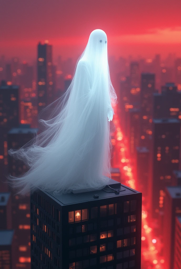 White ghost with red lighting on the background. Place the white ghost on top of building.
Not do it scary or horror