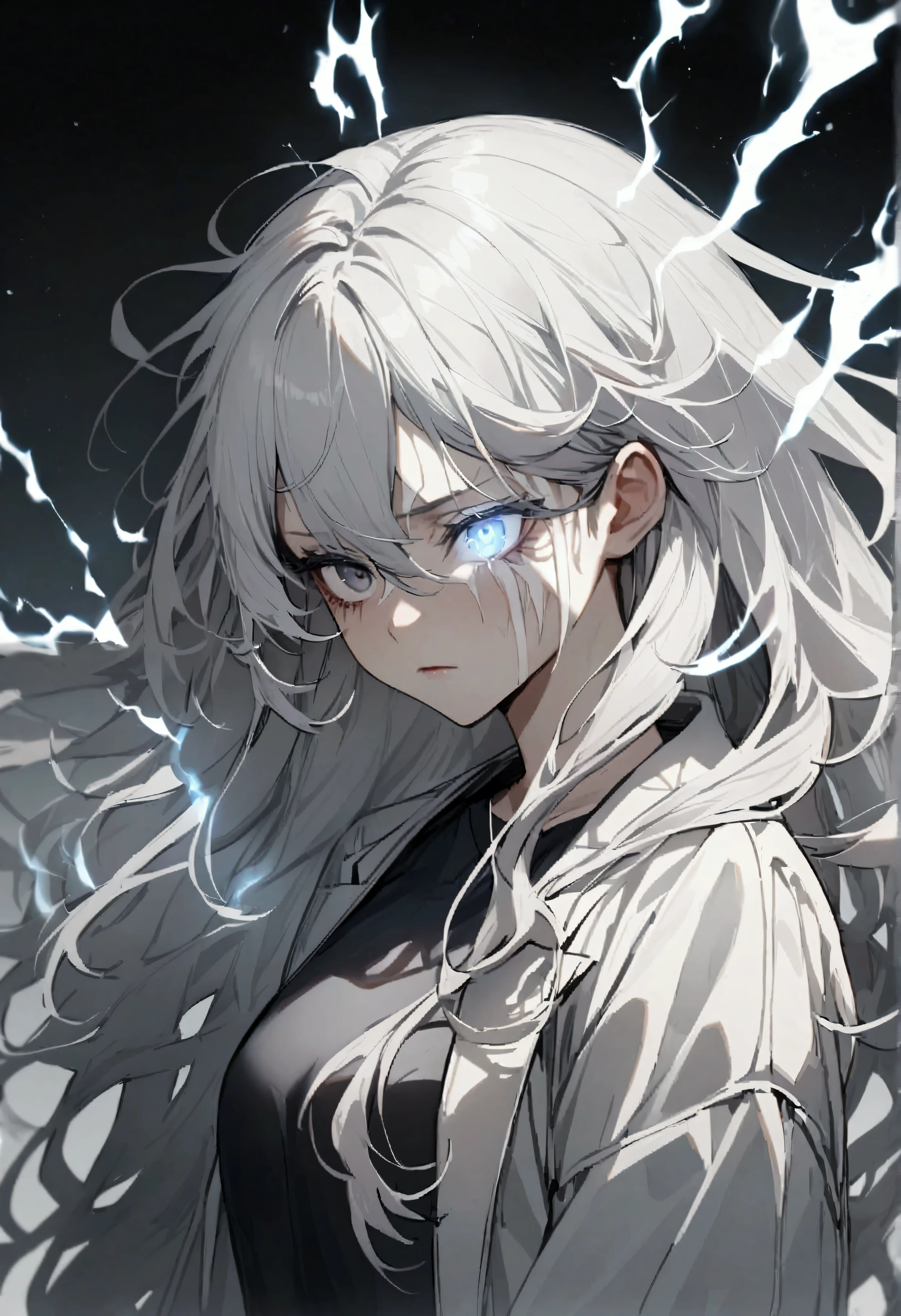 age girl, tidy hair, long hair, multicolored gray and white hair, eye white, face neutral, white tattoos on the body, ripped dark blue shirt, white overcoat, gray energy aura