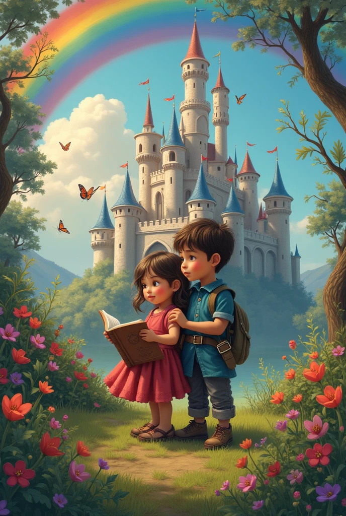 a boy with a girl reading a story rainbow castle butterfly wolf flowers magic world