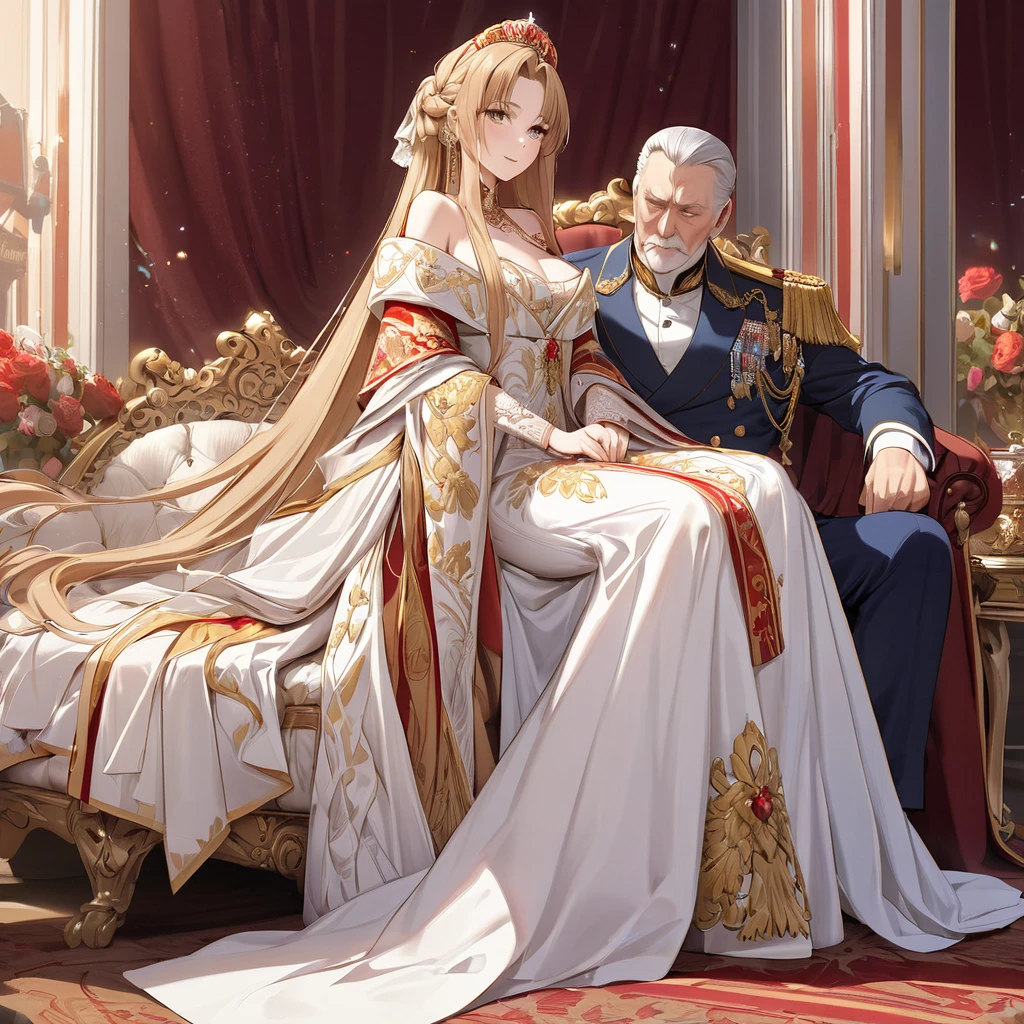 ((Highest quality)), ((masterpiece)), (detailed), （Perfect Face）、The woman is Yuuki Asuna, a Russian with light brown, medium-long hair, an elegant, graceful and beautiful Russian noblewoman, and the Empress of the Great Russian Empire.、The woman is beautifully dressed in the gorgeous and glittering gold-colored Russian court dress of an ancient Russian empress, with gorgeous accessories, and a beautiful and luxurious kokoshnik.、The woman is standing next to a great and dignified old Russian emperor.、The woman sits cozy with the great Russian emperor on a luxurious sofa in the palace.、The woman is sitting on a luxurious sofa in the palace hugging and kissing the great old Russian emperor.