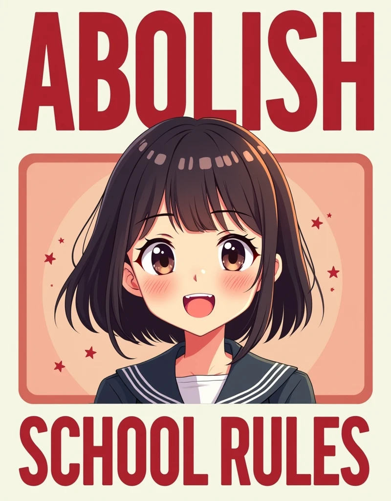 [Core Concept] A campaign poster for a high school student council president election, featuring a cute young girl with the bold text "Abolish school rules" prominently displayed.

[Character Description] The poster depicts a charming and youthful female student, her expression conveying a sense of determination and passion. She has a warm, friendly demeanor that draws the viewer's attention.

[Environment/Background] The background of the poster is clean and minimalist, allowing the central figure and the text to take center stage and command the viewer's focus.

[Style and Atmosphere] The overall style of the poster is vibrant and eye-catching, with a playful and rebellious tone that reflects the student's message of abolishing school rules.

[Composition] The composition is well-balanced, with the large text and the student's face occupying the majority of the space, creating a visually striking and impactful design.

[Details and Embellishments] The poster may feature subtle details, such as the student's school uniform or accessories, that further enhance the sense of authenticity and relatability.

[Technical Specifications] The poster is likely created using a combination of digital illustration, typography, and photography, resulting in a polished and professional-looking design.