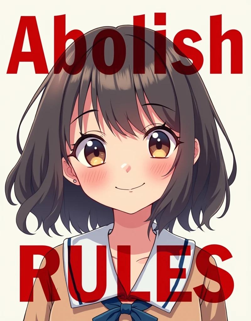 [Core Concept] A campaign poster for a high school student council president election, featuring a cute young girl with the bold text "Abolish school rules" prominently displayed.

[Character Description] The poster depicts a charming and youthful female student, her expression conveying a sense of determination and passion. She has a warm, friendly demeanor that draws the viewer's attention.

[Environment/Background] The background of the poster is clean and minimalist, allowing the central figure and the text to take center stage and command the viewer's focus.

[Style and Atmosphere] The overall style of the poster is vibrant and eye-catching, with a playful and rebellious tone that reflects the student's message of abolishing school rules.

[Composition] The composition is well-balanced, with the large text and the student's face occupying the majority of the space, creating a visually striking and impactful design.

[Details and Embellishments] The poster may feature subtle details, such as the student's school uniform or accessories, that further enhance the sense of authenticity and relatability.

[Technical Specifications] The poster is likely created using a combination of digital illustration, typography, and photography, resulting in a polished and professional-looking design.