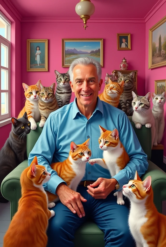 PERSON WITH SIMILAR CHARACTERISTICS TO ALBERTO FERNÁNDEZ SURROUNDED BY CATS IN THE PINK HOUSE 