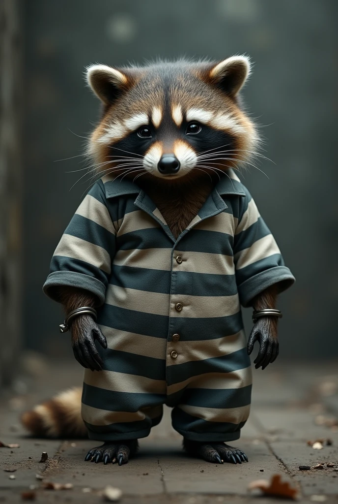 A sad raccoon in prison clothes