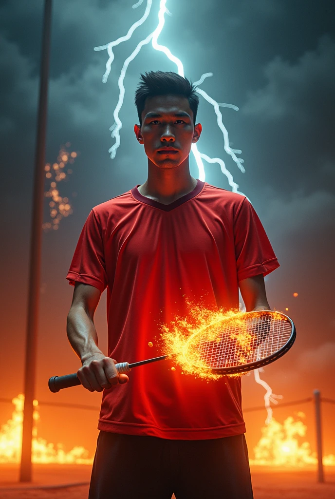 one men standing still at front view, holding badminton head racquet with flames. wearing red jerseys. background flames and thunder at badminton court. behind him is thunder and front him is thunder strike.