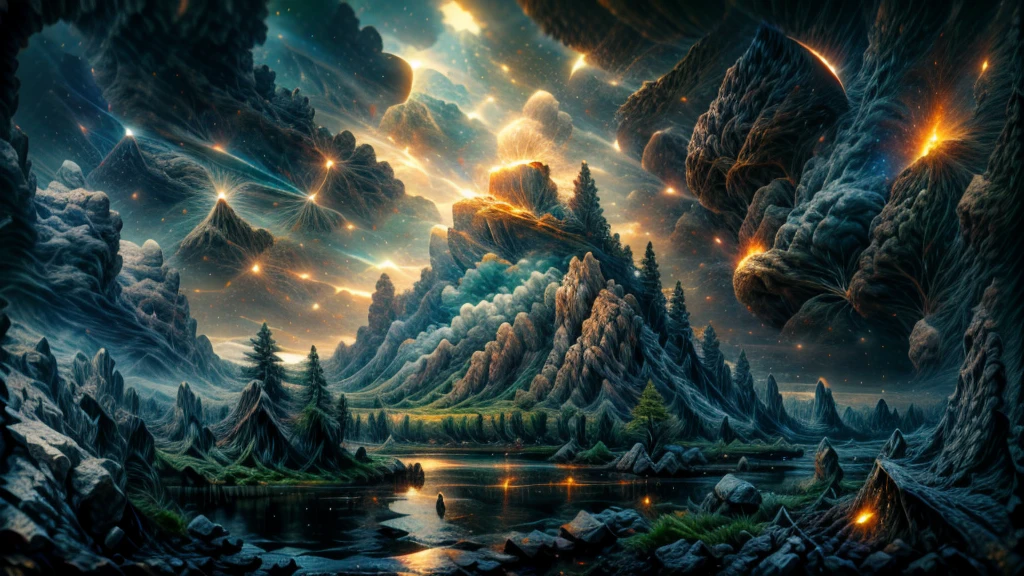 Amazing, 8K, gothic temple, Raw Photo, Amazing, Top Quality, Photorealistic and Highly Detailed, CG, High Quality, Highly Detailed, Particle Effects, Dynamic Effects, cinematic lights, flares, raytracing, realistic, ultra HD, fantasy, the wind, the beauty and brilliance of dramatic tall mountains and rich forests, the serenity and beauty of the world's grasslands and vast lands, Lakeside, wonderful scenery, beautiful natural scenery, night, starry sky, constellation, nebula, faint moon, space, gorgeous, view, water, constellation, wonder, fantastic, meteor, magic, best illumination, best shadow