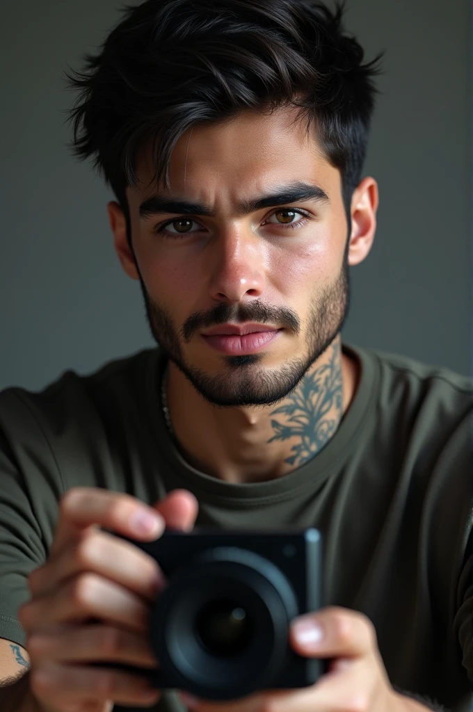 21 year old man, tatoo, black hair thinner beard, taking selfie, Very realistic