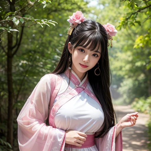 best quality, Delicate face，beautiful visual work, lifelike, eternity, black hair, Long curly hair, blunt bangs, Smile, Detailed Background, Delicate face，blush，cold，((masterpiece))、(top quality)、8k、high detail、Super detailed，41-year-old female，身穿唐制Hanfu、waist skirt, Clothes are light and fluffy，Hanfu, wide sleeves, Transparent sleeves, Tunic, Clothes made of chiffon, masterpiece、born、Scenes resembling fairy tale illustrations、intricate details和複雜的設計、Beautifully、magic、capricious、 Beautifully、Dream aesthetics、「𝓡𝓸𝓶𝓪𝓷𝓽𝓲𝓬、ethereal、charming、fickle、magic」、realism、Visual effects、FXAA、SSAO、Shader、voiceless、ambient lighting、Tone mapping、High resolution、Ultra high quality、Million pixels、(8K resolution:1.10)、8k、8k以下、8K resolution、high detail、intricate details， (high quality:1.2、masterpiece:1.2、:1.21)、(41-year-old female:1.21)、(興奮地Smile)、(被dream般的氛圍所包圍、Model diagram，full-body shot，Normal 2 feet，Put your hands behind you，The protrusion of the breast is visible when wearing clothes, Large Breasts, H cup chest, antiquity, Xian Xia, gauze clothes, Soft and fluttering, Fairy, dream, fantasy, light, Elegant, nature, Immortal, romantic, classical, ribbon, pink clothes, in tall woods, In the woods like a martial arts drama, Don&#39;t show your fingers, full-body shot，floor length skirt, full-body shot，full-body shot，full-body shot，full-body shot，full-body shot，full-body shot，full-body shot，hands hidden in clothes, hands hidden in clothes,hands hidden in clothes,hands hidden in clothes,hands hidden in clothes,hands hidden in clothes,hands hidden in clothes,hands hidden in clothes,hands hidden in clothes, ,hands hidden in sleeves ,hands hidden in sleeves ,hands hidden in sleeves ,hands hidden in sleeves ,hands hidden in sleeves ,hands hidden in sleeves ,hands hidden in sleeves ,hands hidden in sleeves, arms behind back, arms behind back, Transparent sleeves, Transparent sleeves, Transparent sleeves, Transparent sleeves, Transparent sleeves
