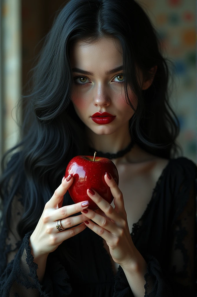 ((RAW Photo), absurd, (absurdresolution)), masterpiece, best quality, (Extremely detailed 8k unity CG wallpaper), (best illustration), (best shadow), Realistic lighting, beautiful detailed glow, ((21 years old)), girl, long black hair, black queen, accessories, apple in hand, poisoned apples, witch queen, red lipstick, (((Photographic Perspective of her)))