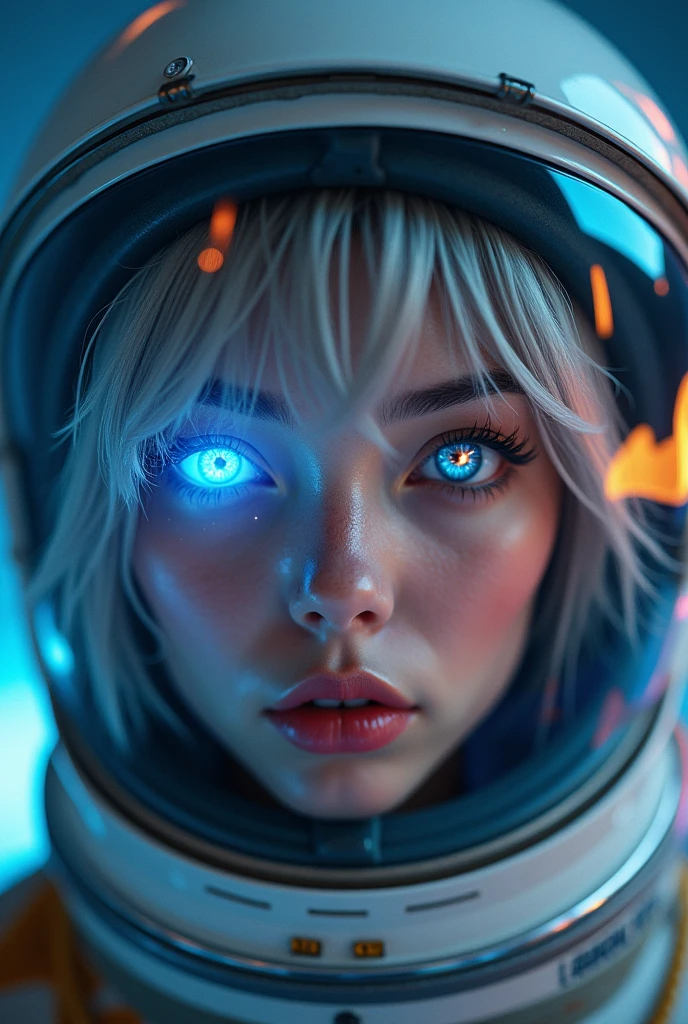 (Close-up of a better masterpiece:1.5)0.9], (Space and astronauts:1.2) (Messy silver hair:1.1) (Heterochromia xanthochromia and blue eyes:1.2) (Space Helmet:1.0) (Colored stars in the eyes:1.0) (A radiant glow:1.1) (thick lips:0.9)