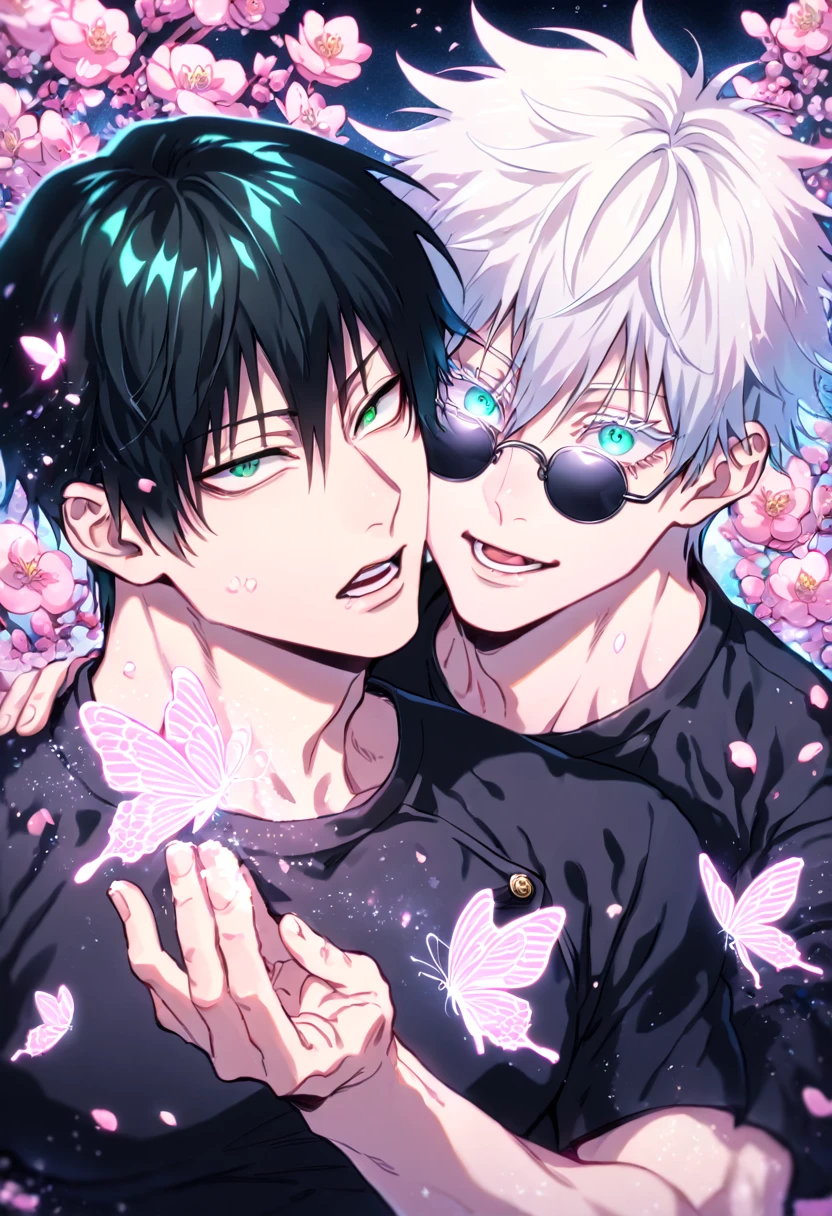 absurdres, highres, ultra detailed, HDR, master piece, best quality, extremely detailed face, delicated features, Fushiguro Touji, straight black hair, expressive green eyes, Jujutsu Kaisen, Gojou Satoru, white hair, expressive blue eyes, white eyelashes, round black sunglasses, two sexy men together, yaoi, gay couple, handsome, manly man, black tight T-shirt, Jujutsu uniform, blossoms, pink flowers, pink butterflies, fantasy, magic, radiant