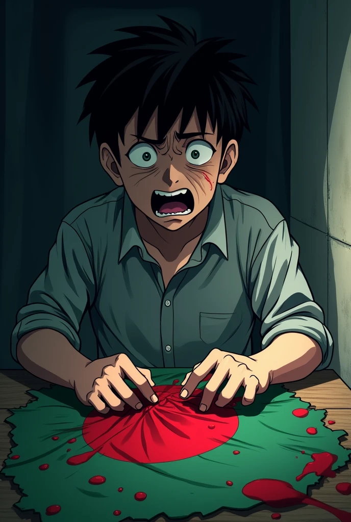 Crying Scared guy sewing a bloody Bangladeshi flag anime
