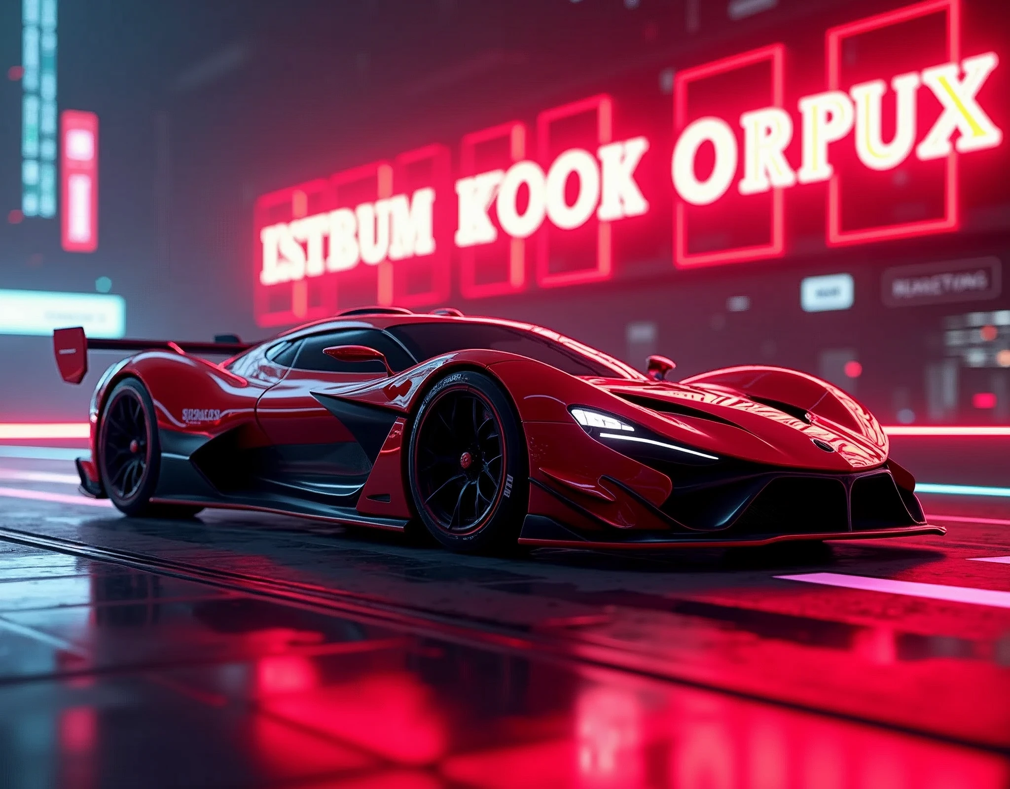 Neon sign with a neon red border text red neon above the car that say "Infinity Speed" with a modern sports car with a neon red and black color scheme, suggesting a futuristic or high-tech theme, Side view, The vehicle is designed with aerodynamic features, such as a large rear wing and air intakes on the side, indicating its performance-oriented nature. The car's sleek bodywork and low-profile tires contribute to its sporty aesthetic. The background has a digital, neon-lit effect, which complements the car's stylized appearance and reinforces the futuristic theme of the image. There are no people or indications of specific locations that would require the identification of traits such as gender or race., retina, accurate, masterpiece, super detail, best quality, award winning, highres, HD, 4K, 8k, 16k