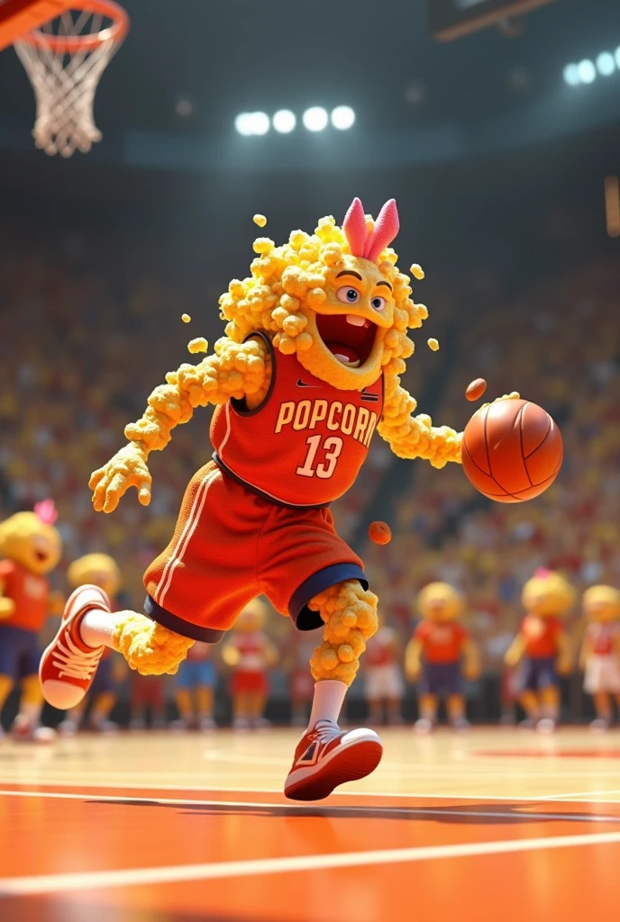 A popcorn with chamoy playing basketball