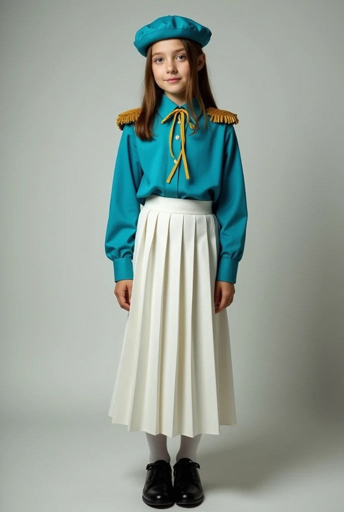 A wearing a turquoise blue long-sleeved shirt, White pleated skirt with straight line on the side in gold, Simple golden shoulder pads, gold tie, black shoes and turquoise blue beret